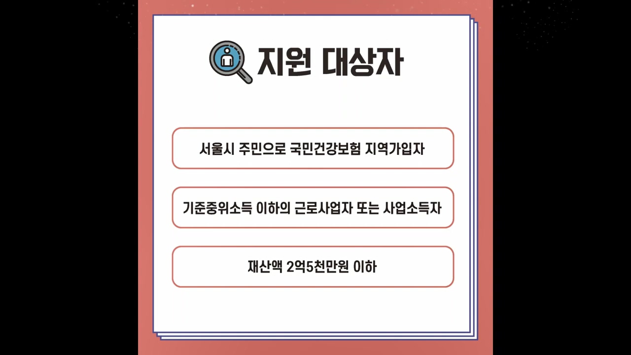 지원 대상자 서울시 주민으로 국민건강보험 지역가입자 기준중위소득 이하의 근로사업자 또는 사업소득자 재산액 2억5천만원 이하